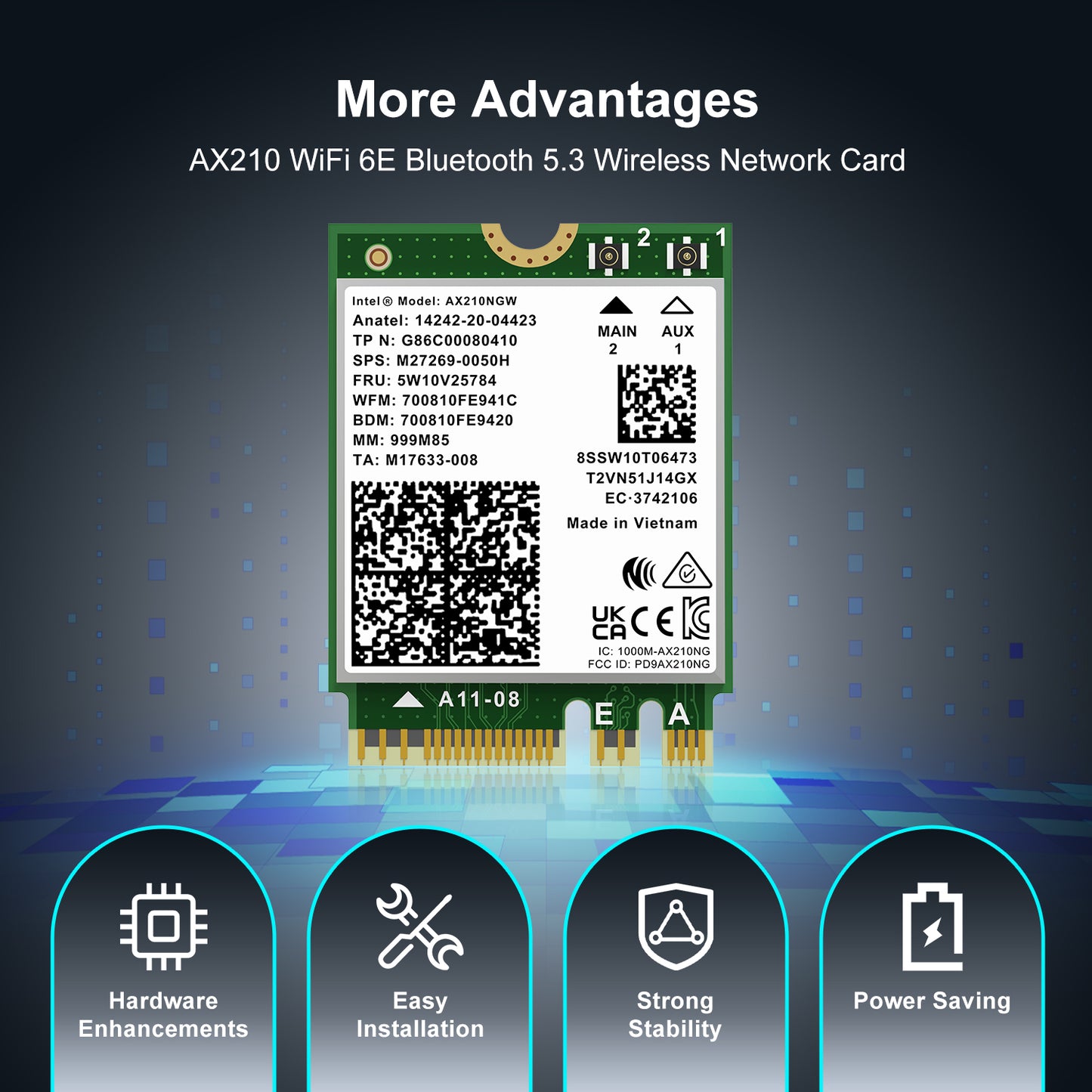 WiFi 6E Wireless Card Intel AX210 NGW Bluetooth 5.3 Tri-Band 5400Mbps Network Adapter for Laptop Support Windows 10/11 (64bit) M.2/NGFF