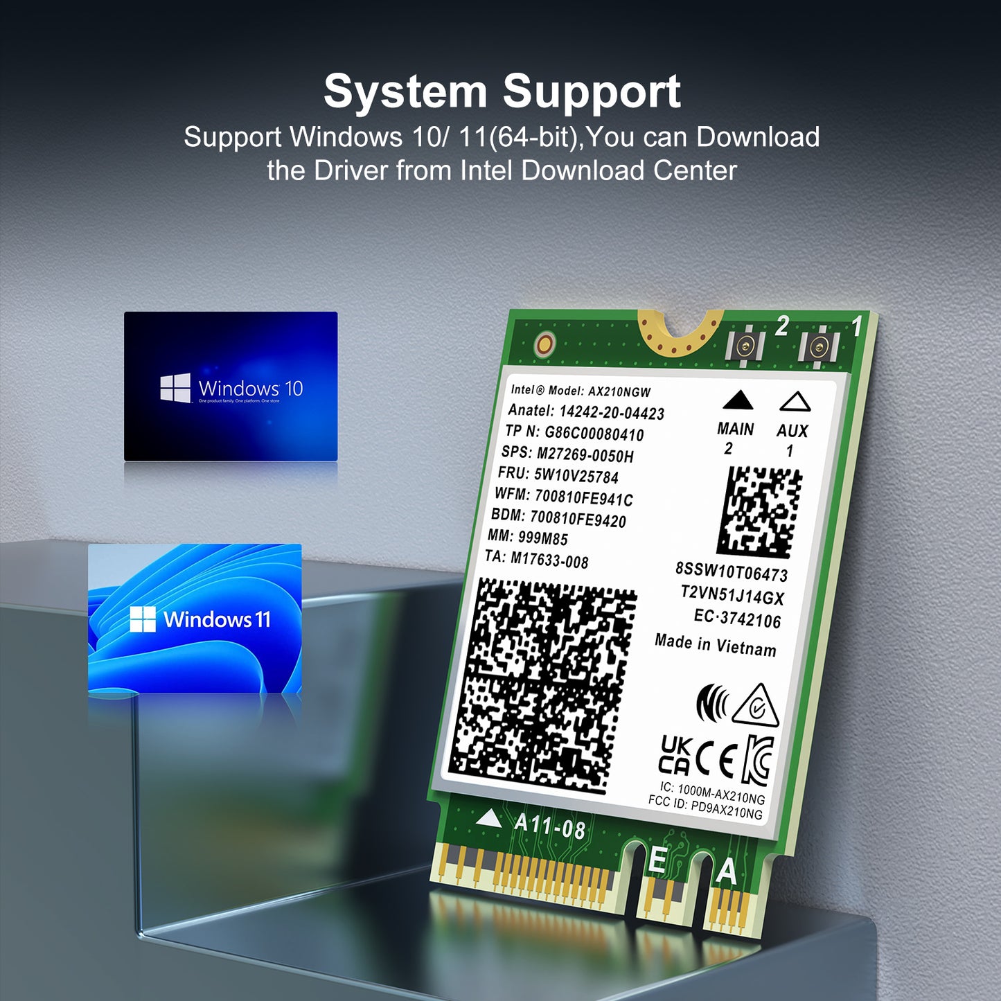 WiFi 6E Wireless Card Intel AX210 NGW Bluetooth 5.3 Tri-Band 5400Mbps Network Adapter for Laptop Support Windows 10/11 (64bit) M.2/NGFF
