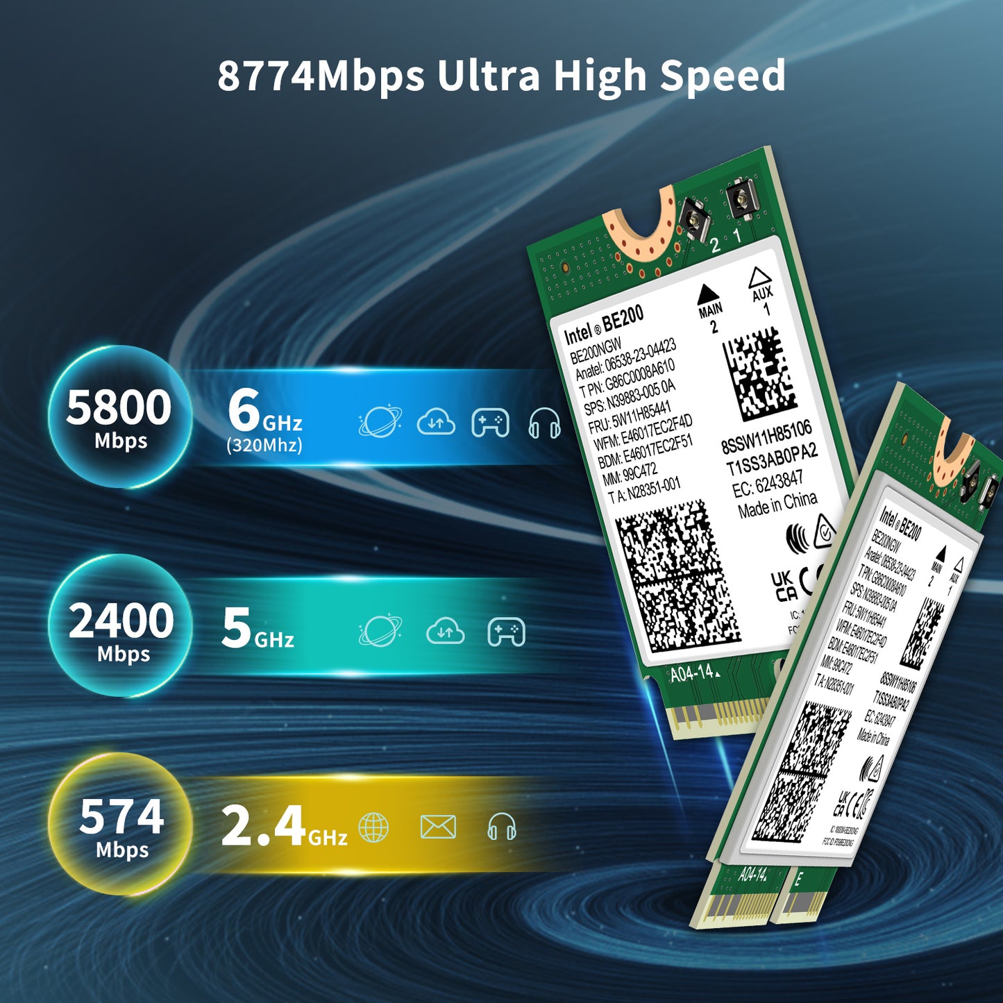 WiFi 7 Wireless Card Intel BE200 NGW, Bluetooth 5.4, 5800Mbps M.2/NGFF Not Support AMD, Only Supports Intel 12th Generation and Above CPUs Windows 10/11 (64bit), Linux
