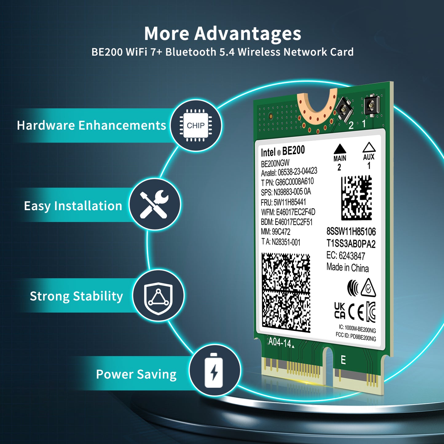 WiFi 7 Wireless Card Intel BE200 NGW, Bluetooth 5.4, 5800Mbps M.2/NGFF Not Support AMD, Only Supports Intel 12th Generation and Above CPUs Windows 10/11 (64bit), Linux