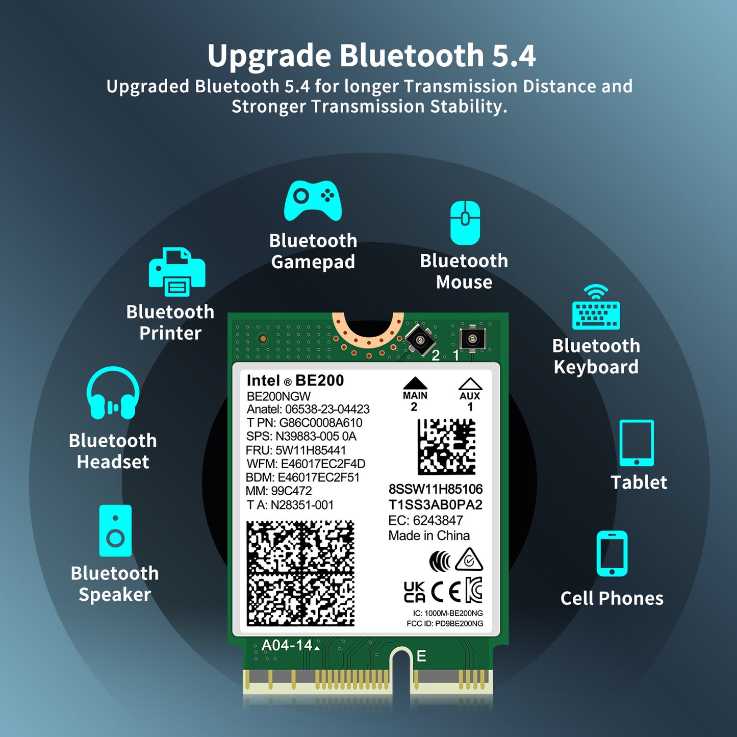 WiFi 7 Wireless Card Intel BE200 NGW, Bluetooth 5.4, 5800Mbps M.2/NGFF Not Support AMD, Only Supports Intel 12th Generation and Above CPUs Windows 10/11 (64bit), Linux