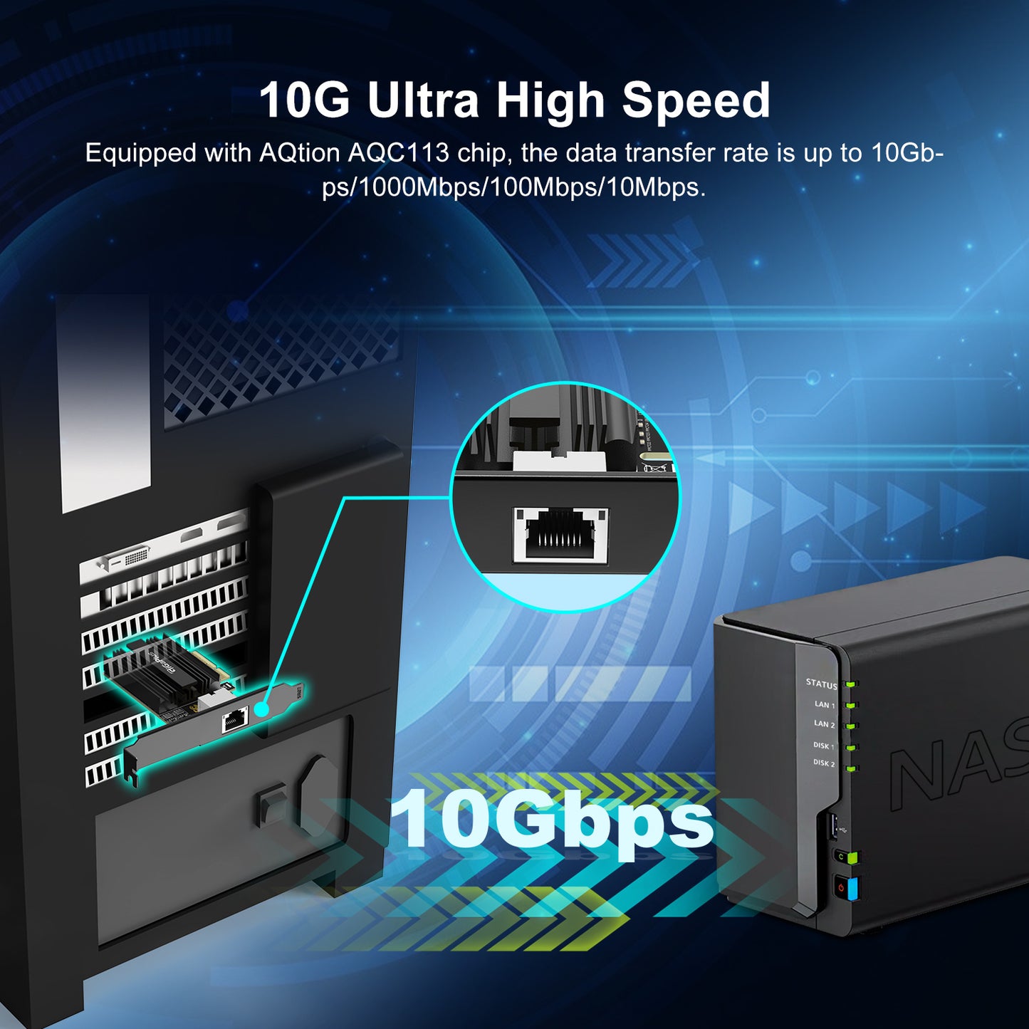 10Gbe PCI-e Network Card, AQC113 Controller, 10G Base-T RJ45 Port NIC Card, GiGaPlus 100/1000/2500/10000Mbps Ethernet Card, 10Gb Ethernet Adapter Support Windows10/11/Windows Server/Linux