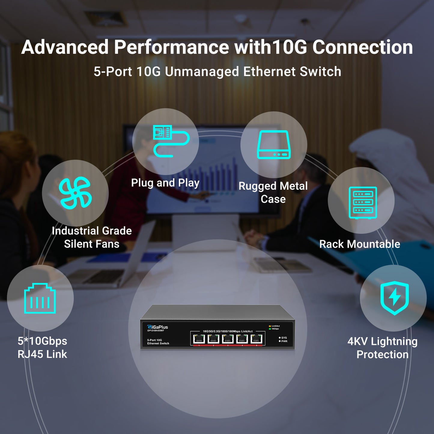 5-Port 10Gb Ethernet Switch Unmanaged with 5 x 10G RJ45 Ports, GiGaPlus 10Gbe Network Switch Easy for 10G NAS, PC, WiFi7 Routers, 10G NIC/Adapters. 100Gbps Switching Capacity. Desktop/19-inch Rack
