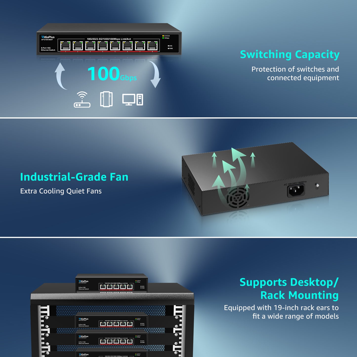 5-Port 10Gb Ethernet Switch Unmanaged with 5 x 10G RJ45 Ports, GiGaPlus 10Gbe Network Switch Easy for 10G NAS, PC, WiFi7 Routers, 10G NIC/Adapters. 100Gbps Switching Capacity. Desktop/19-inch Rack