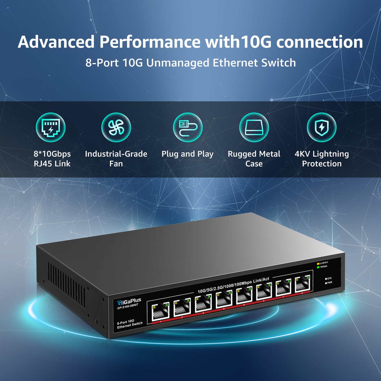 8 Port 10Gb Ethernet Switch Unmanaged, 8X 10Gbe Base-T Ports, GiGaPlus 10G Network Switch for 10Gbps NAS, PC, WiFi7 Router, 10Gbps Adapter/NIC. Desktop/ 19-inch Rack Mount, Plug and Play