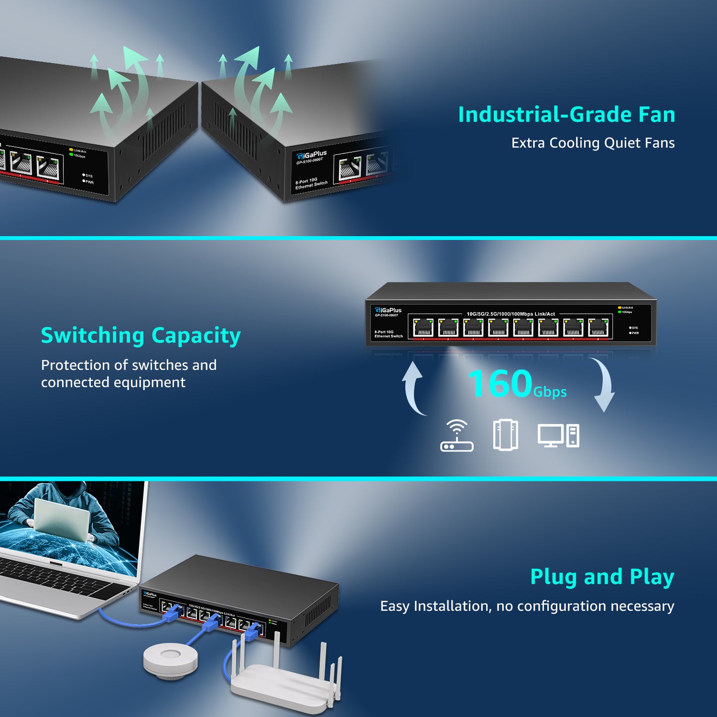 8 Port 10Gb Ethernet Switch Unmanaged, 8X 10Gbe Base-T Ports, GiGaPlus 10G Network Switch for 10Gbps NAS, PC, WiFi7 Router, 10Gbps Adapter/NIC. Desktop/ 19-inch Rack Mount, Plug and Play