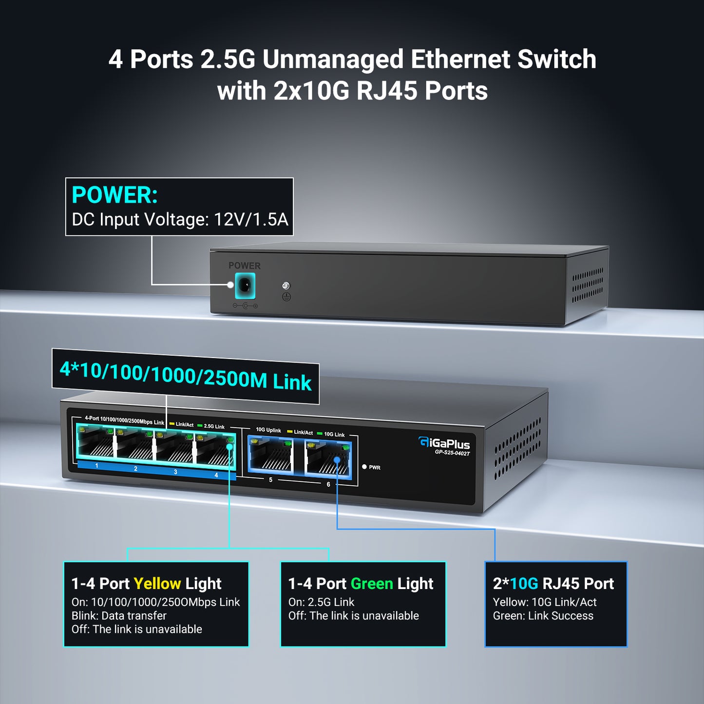 6 Ports 10Gb Unmanaged Ethernet Switch with 4*2.5G Base-T Ports, 2*10G RJ45 Ports. 60Gbps Switching Capacity, GiGaPlus 10Gbps Network Switch for 2.5G/10Gbps NAS/PC, WiFi6 Router, Wireless AP