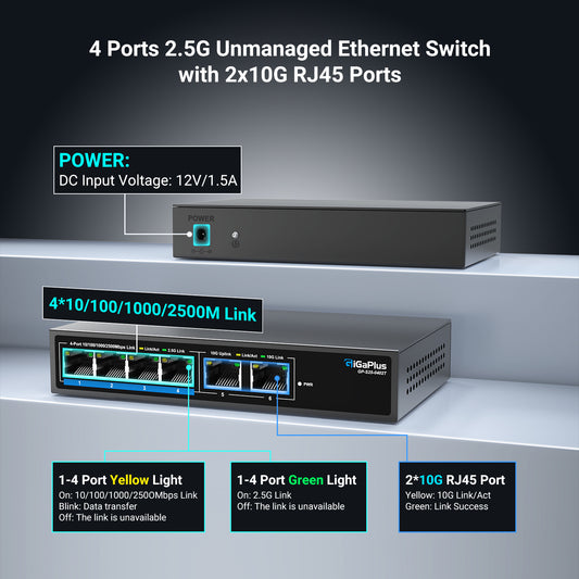 6 Ports 10Gb Unmanaged Ethernet Switch with 4*2.5G Base-T Ports, 2*10G RJ45 Ports. 60Gbps Switching Capacity, GiGaPlus 10Gbps Network Switch for 2.5G/10Gbps NAS/PC, WiFi6 Router, Wireless AP