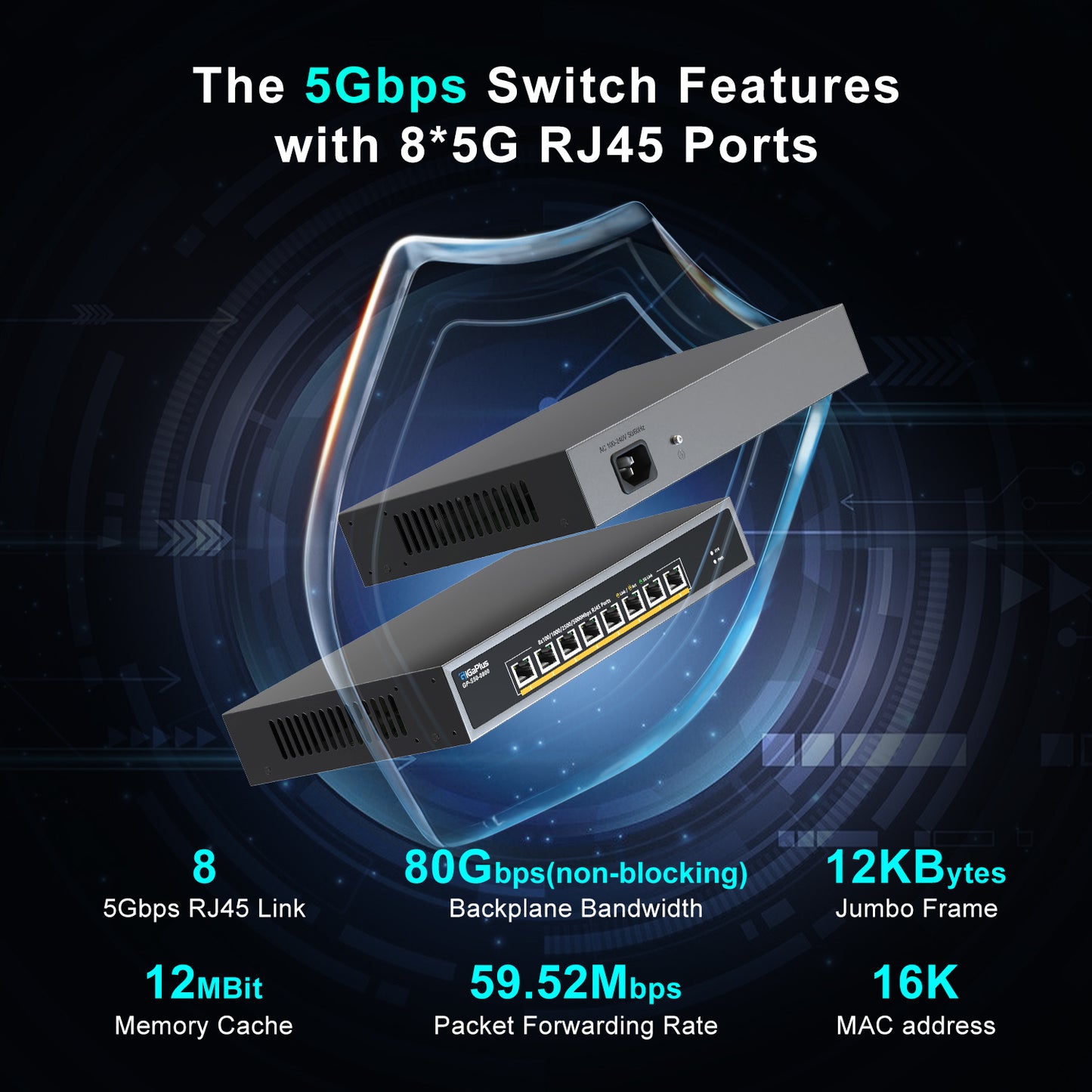 8 Ports 5Gb Unmanaged Ethernet Switch with 8*5G Base-T Ports. For 5Gbe NAS/PC, 5Gbps Adapter/NIC, WiFi7 Router, Desktop/19-inch Rack Mount