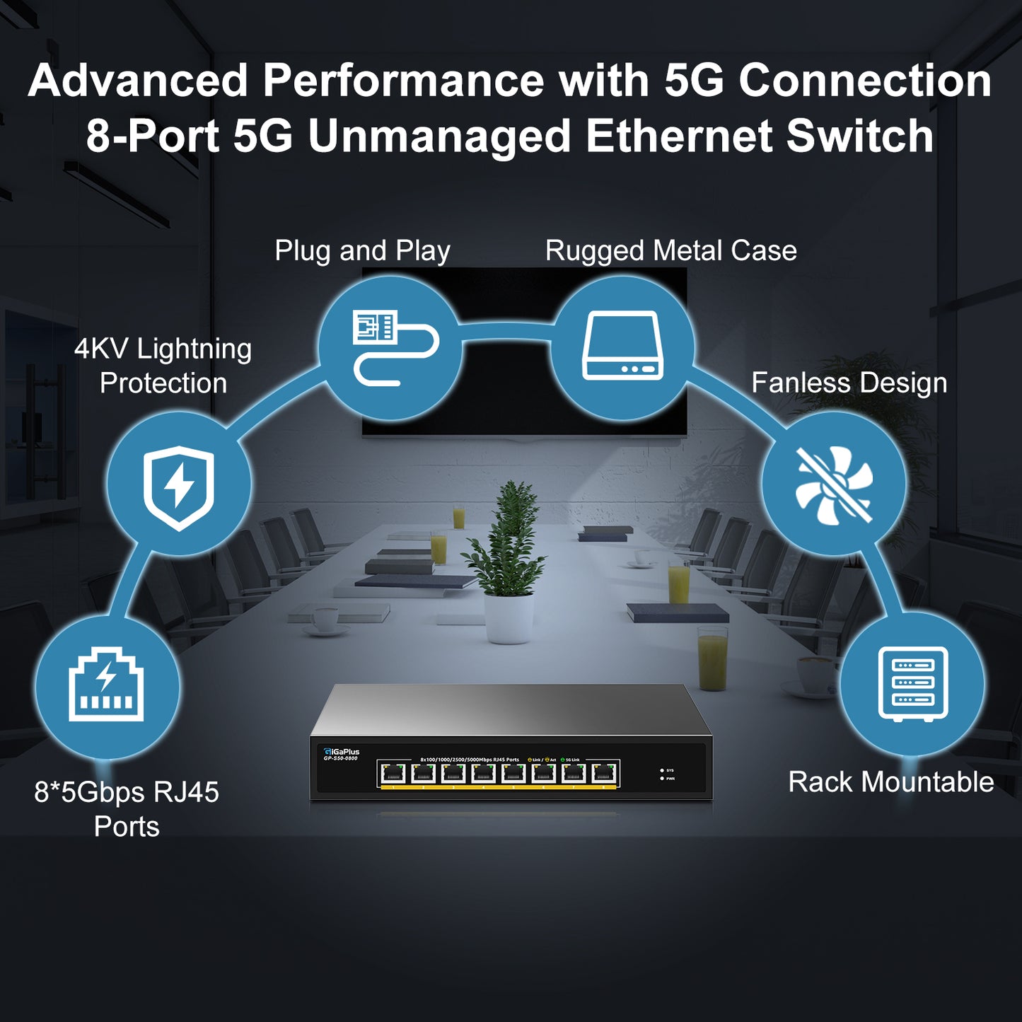 8 Ports 5Gb Unmanaged Ethernet Switch with 8*5G Base-T Ports. For 5Gbe NAS/PC, 5Gbps Adapter/NIC, WiFi7 Router, Desktop/19-inch Rack Mount