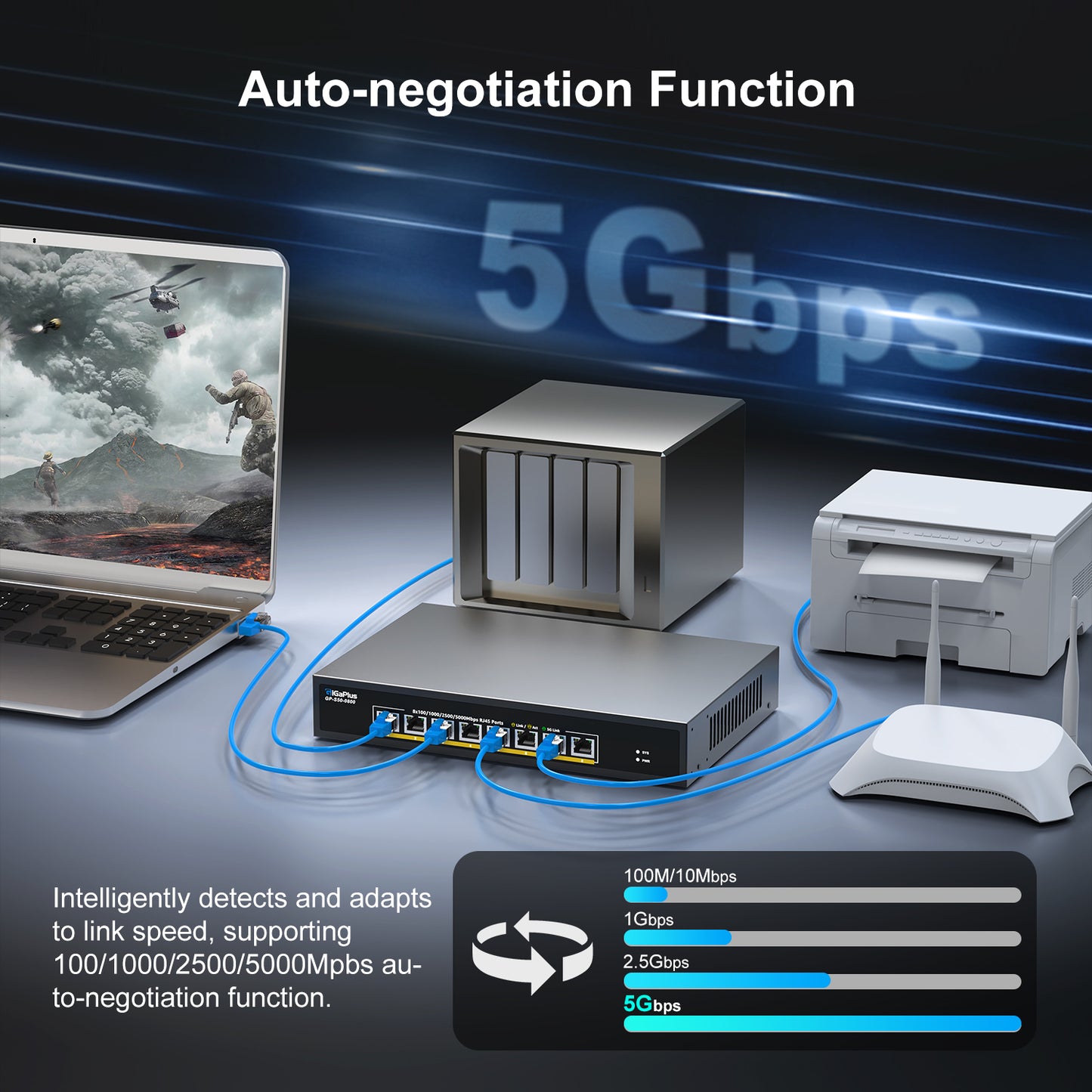8 Ports 5Gb Unmanaged Ethernet Switch with 8*5G Base-T Ports. For 5Gbe NAS/PC, 5Gbps Adapter/NIC, WiFi7 Router, Desktop/19-inch Rack Mount