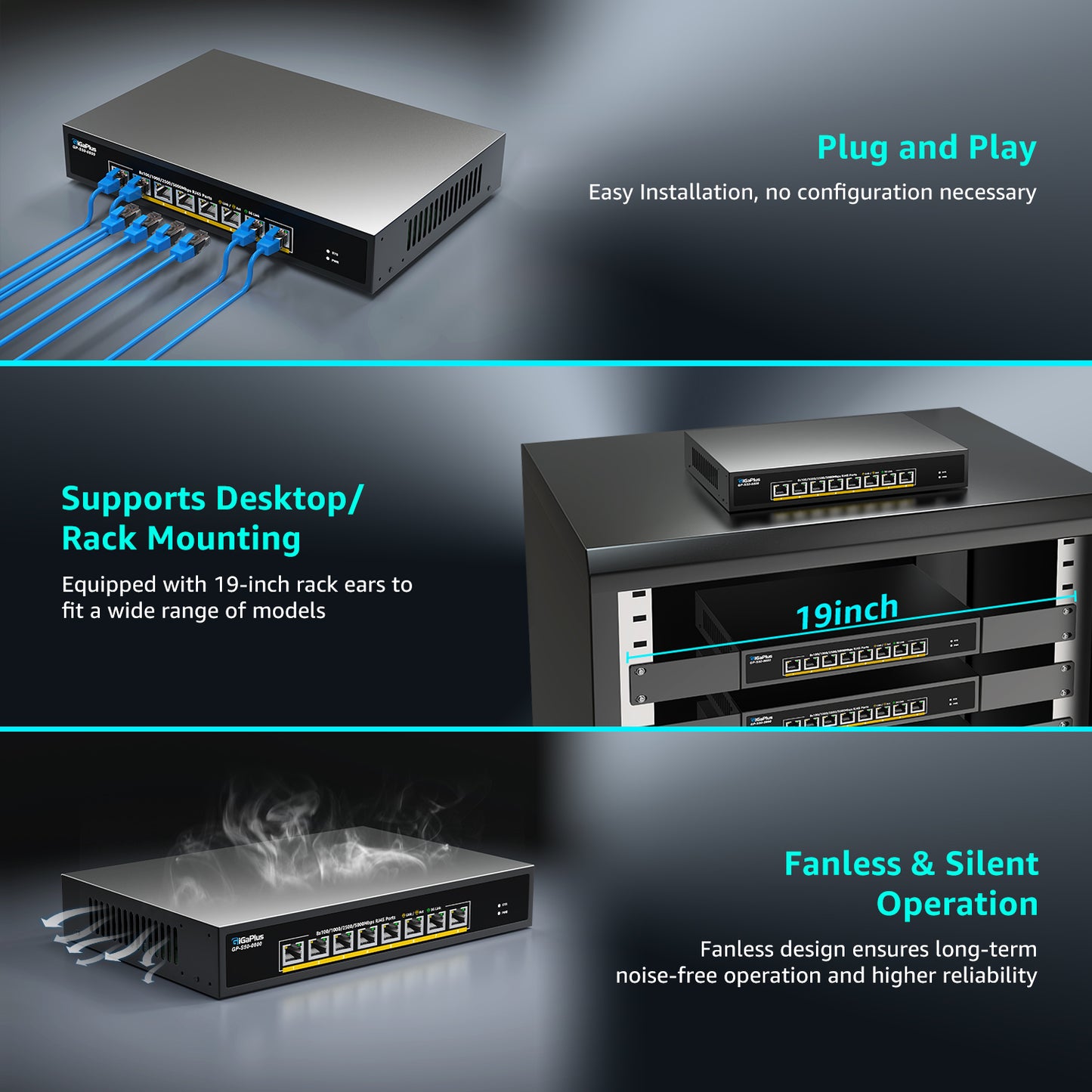 8 Ports 5Gb Unmanaged Ethernet Switch with 8*5G Base-T Ports. For 5Gbe NAS/PC, 5Gbps Adapter/NIC, WiFi7 Router, Desktop/19-inch Rack Mount