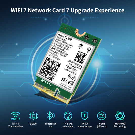 WiFi 7 Wireless Card Intel BE200 NGW, Bluetooth 5.4, 5800Mbps M.2/NGFF Not Support AMD, Only Supports Intel 12th Generation and Above CPUs Windows 10/11 (64bit), Linux