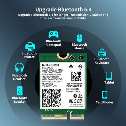 WiFi 7 Wireless Card Intel BE200 NGW, Bluetooth 5.4, 5800Mbps M.2/NGFF Not Support AMD, Only Supports Intel 12th Generation and Above CPUs Windows 10/11 (64bit), Linux