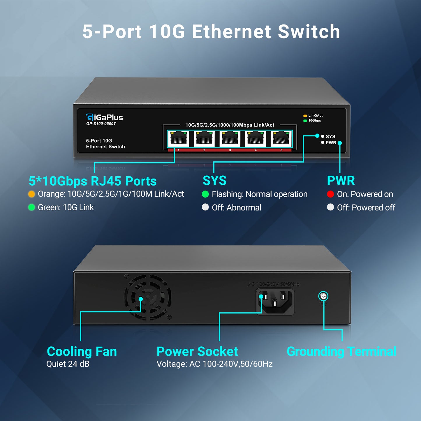 5-Port 10Gb Ethernet Switch Unmanaged with 5 x 10G RJ45 Ports, GiGaPlus 10Gbe Network Switch Easy for 10G NAS, PC, WiFi7 Routers, 10G NIC/Adapters. 100Gbps Switching Capacity. Desktop/19-inch Rack