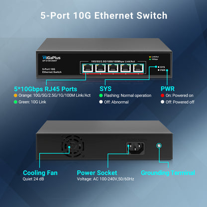 5-Port 10Gb Ethernet Switch Unmanaged with 5 x 10G RJ45 Ports, GiGaPlus 10Gbe Network Switch Easy for 10G NAS, PC, WiFi7 Routers, 10G NIC/Adapters. 100Gbps Switching Capacity. Desktop/19-inch Rack