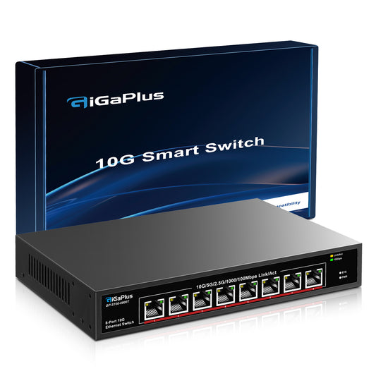 8 Port 10Gb Ethernet Switch Unmanaged, 8X 10Gbe Base-T Ports, GiGaPlus 10G Network Switch for 10Gbps NAS, PC, WiFi7 Router, 10Gbps Adapter/NIC. Desktop/ 19-inch Rack Mount, Plug and Play