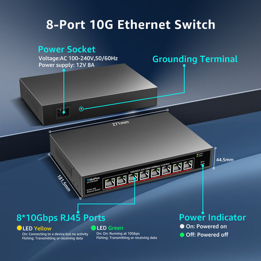 8 Port 10Gb Ethernet Switch Unmanaged, 8X 10Gbe Base-T Ports, GiGaPlus 10G Network Switch for 10Gbps NAS, PC, WiFi7 Router, 10Gbps Adapter/NIC. Desktop/ 19-inch Rack Mount, Plug and Play