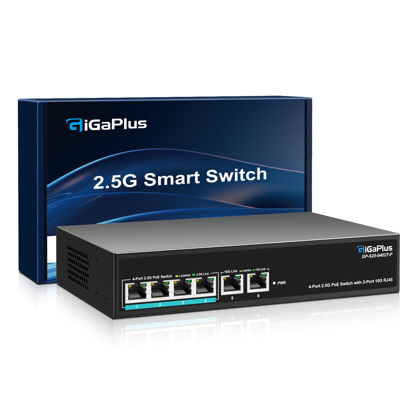 6 Ports 10Gb Unmanaged PoE Ethernet Switch with 4*2.5G Base-T PoE Ports, 2*10G RJ45 Ports. 60Gbps Switching Capacity, GiGaPlus 10Gbps Network Switch for 2.5G/10Gbps NAS/PC, WiFi6 Router, Wireless AP