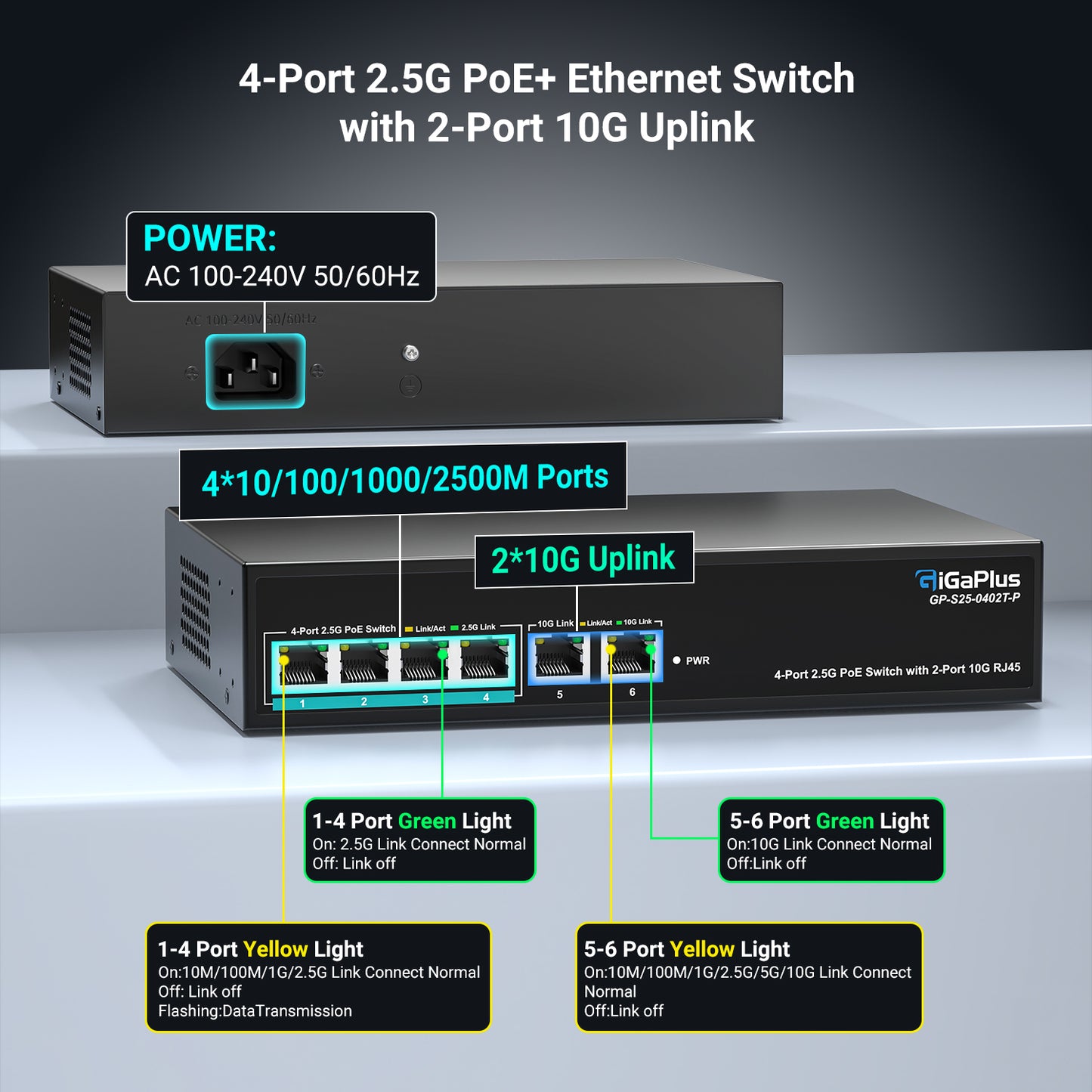6 Ports 10Gb Unmanaged PoE Ethernet Switch with 4*2.5G Base-T PoE Ports, 2*10G RJ45 Ports. 60Gbps Switching Capacity, GiGaPlus 10Gbps Network Switch for 2.5G/10Gbps NAS/PC, WiFi6 Router, Wireless AP