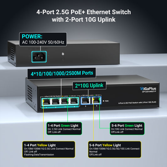 6 Ports 10Gb Unmanaged PoE Ethernet Switch with 4*2.5G Base-T PoE Ports, 2*10G RJ45 Ports. 60Gbps Switching Capacity, GiGaPlus 10Gbps Network Switch for 2.5G/10Gbps NAS/PC, WiFi6 Router, Wireless AP