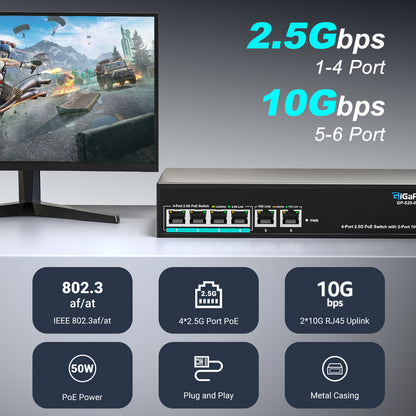 6 Ports 10Gb Unmanaged PoE Ethernet Switch with 4*2.5G Base-T PoE Ports, 2*10G RJ45 Ports. 60Gbps Switching Capacity, GiGaPlus 10Gbps Network Switch for 2.5G/10Gbps NAS/PC, WiFi6 Router, Wireless AP