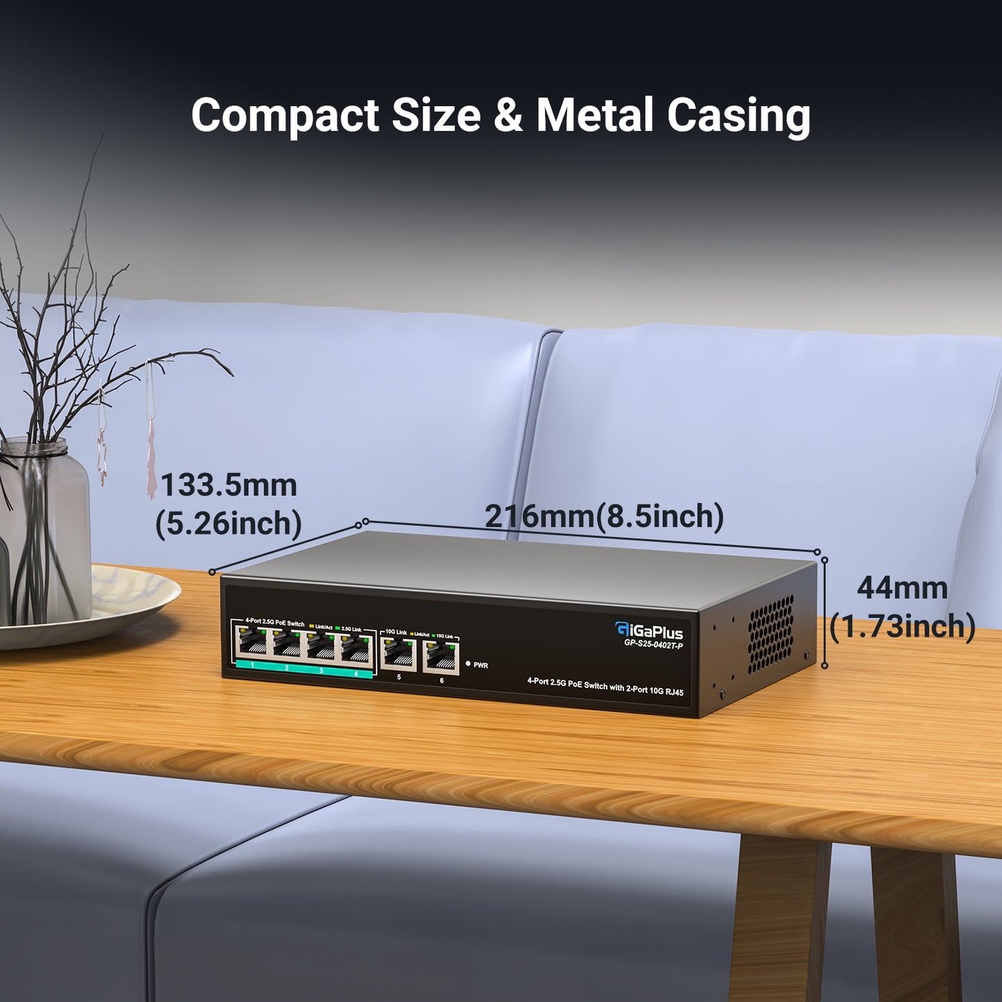 6 Ports 10Gb Unmanaged PoE Ethernet Switch with 4*2.5G Base-T PoE Ports, 2*10G RJ45 Ports. 60Gbps Switching Capacity, GiGaPlus 10Gbps Network Switch for 2.5G/10Gbps NAS/PC, WiFi6 Router, Wireless AP