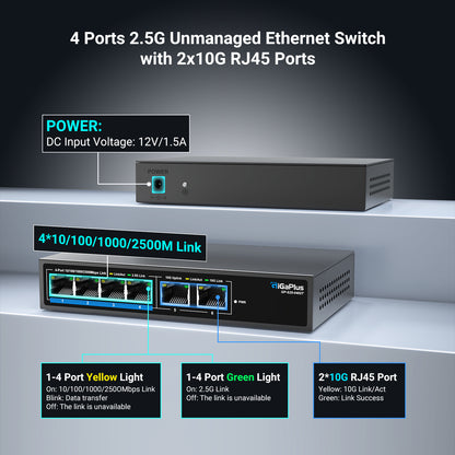 6 Ports 10Gb Unmanaged Ethernet Switch with 4*2.5G Base-T Ports, 2*10G RJ45 Ports. 60Gbps Switching Capacity, GiGaPlus 10Gbps Network Switch for 2.5G/10Gbps NAS/PC, WiFi6 Router, Wireless AP