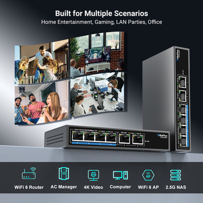 6 Ports 10Gb Unmanaged Ethernet Switch with 4*2.5G Base-T Ports, 2*10G RJ45 Ports. 60Gbps Switching Capacity, GiGaPlus 10Gbps Network Switch for 2.5G/10Gbps NAS/PC, WiFi6 Router, Wireless AP