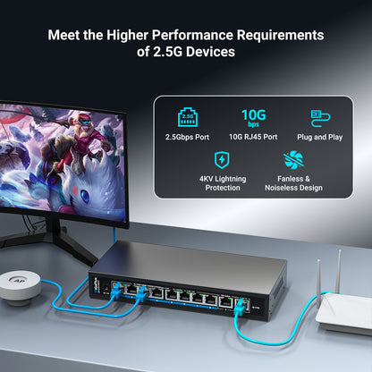 10 Ports 10Gb Unmanaged Ethernet Switch with 8*2.5G Base-T Ports, 2*10G RJ45 Ports. 80Gbps Switching Capacity, GiGaPlus 10Gbps Network Switch for 2.5G/10Gbps NAS/PC, WiFi6 Router, Wireless AP