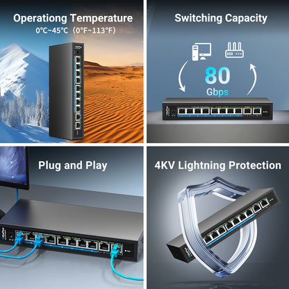 10 Ports 10Gb Unmanaged Ethernet Switch with 8*2.5G Base-T Ports, 2*10G RJ45 Ports. 80Gbps Switching Capacity, GiGaPlus 10Gbps Network Switch for 2.5G/10Gbps NAS/PC, WiFi6 Router, Wireless AP