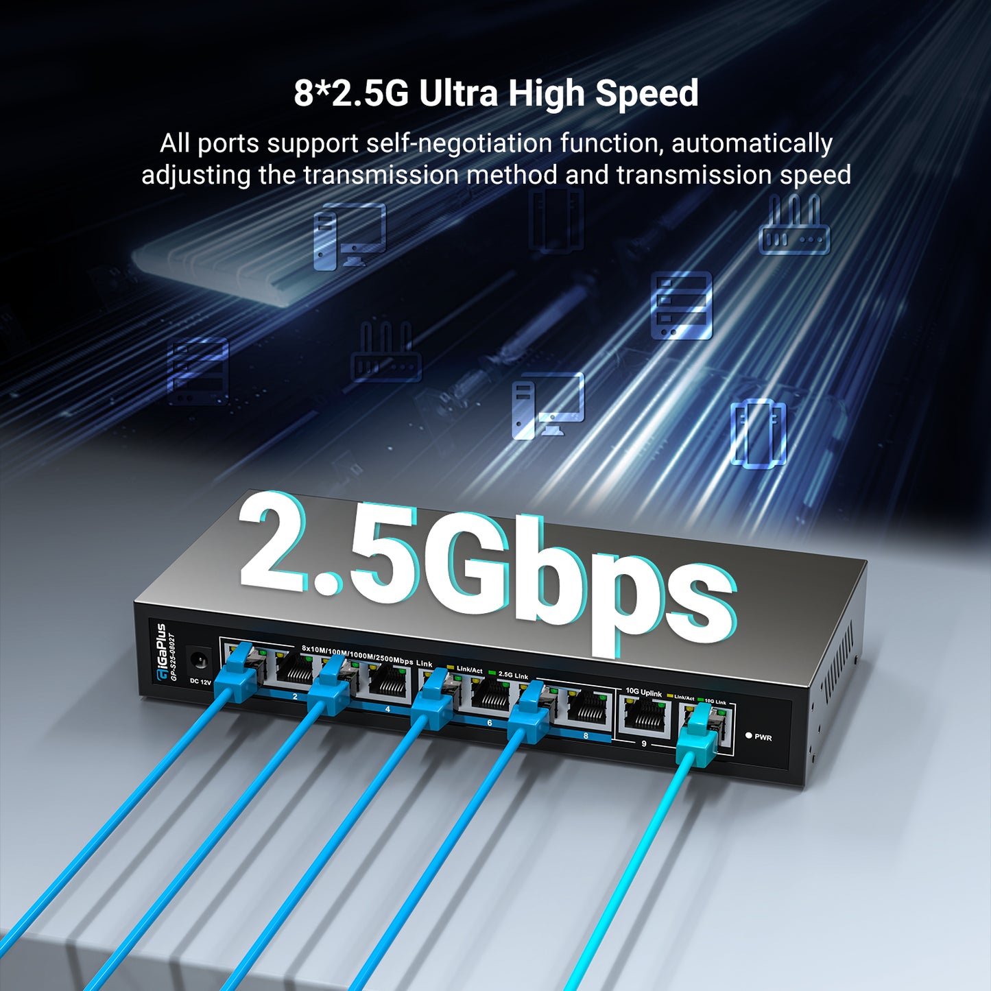 10 Ports 10Gb Unmanaged Ethernet Switch with 8*2.5G Base-T Ports, 2*10G RJ45 Ports. 80Gbps Switching Capacity, GiGaPlus 10Gbps Network Switch for 2.5G/10Gbps NAS/PC, WiFi6 Router, Wireless AP