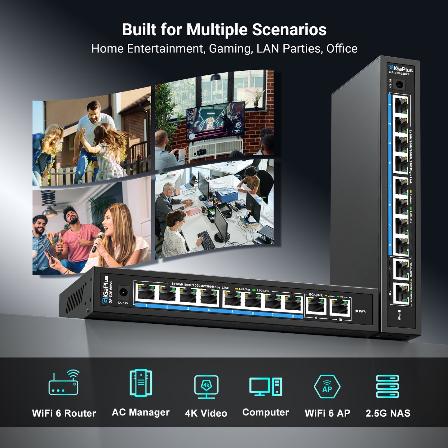 10 Ports 10Gb Unmanaged Ethernet Switch with 8*2.5G Base-T Ports, 2*10G RJ45 Ports. 80Gbps Switching Capacity, GiGaPlus 10Gbps Network Switch for 2.5G/10Gbps NAS/PC, WiFi6 Router, Wireless AP