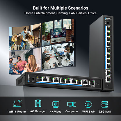 10 Ports 10Gb Unmanaged Ethernet Switch with 8*2.5G Base-T Ports, 2*10G RJ45 Ports. 80Gbps Switching Capacity, GiGaPlus 10Gbps Network Switch for 2.5G/10Gbps NAS/PC, WiFi6 Router, Wireless AP