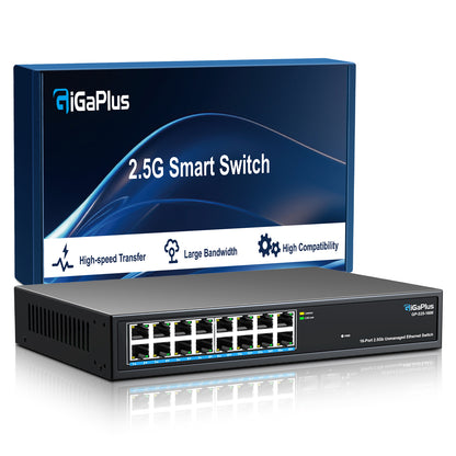 16 Ports 2.5Gb Unmanaged Ethernet Switch, 16*2.5G Base-T Ports. GiGaPlus 2.5Gbps Network Switch for 2.5Gbps NAS/PC, Wireless AP, WiFi6 Router. Plug and Play, Fanless Design.