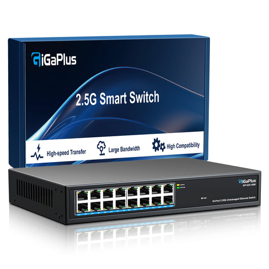 16 Ports 2.5Gb Unmanaged Ethernet Switch, 16*2.5G Base-T Ports. GiGaPlus 2.5Gbps Network Switch for 2.5Gbps NAS/PC, Wireless AP, WiFi6 Router. Plug and Play, Fanless Design.