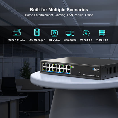 16 Ports 2.5Gb Unmanaged Ethernet Switch, 16*2.5G Base-T Ports. GiGaPlus 2.5Gbps Network Switch for 2.5Gbps NAS/PC, Wireless AP, WiFi6 Router. Plug and Play, Fanless Design.