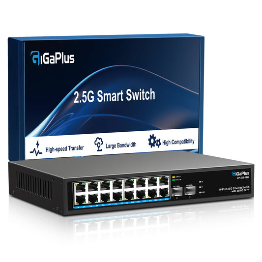 18 Port 2.5Gb Unmanaged Ethernet Switch with 16* 2.5G Base-T Ports, 2* 10G SFP+ Ports. GiGaPlus 2.5Gbps Network Switch for 2.5Gbps NAS/PC, Wireless AP, WiFi6 Router. Plug and Play, Fanless Design.