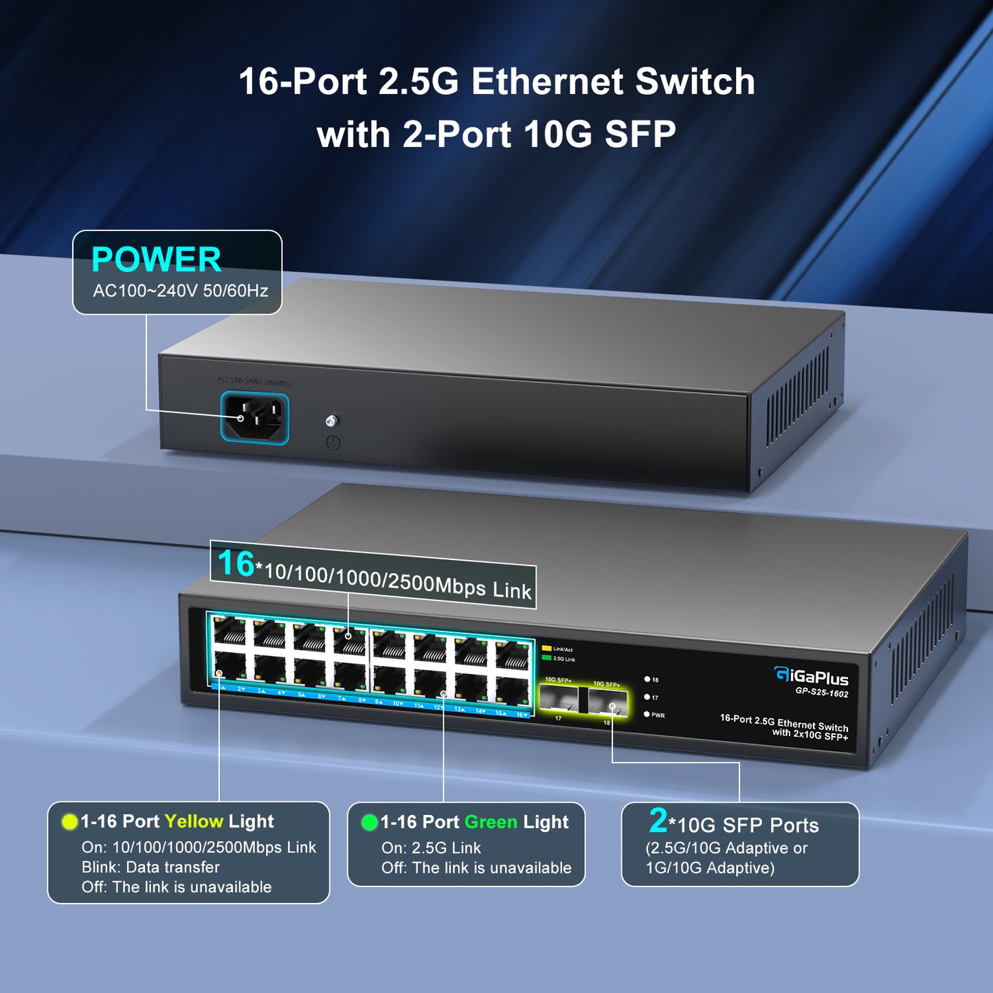 18 Port 2.5Gb Unmanaged Ethernet Switch with 16* 2.5G Base-T Ports, 2* 10G SFP+ Ports. GiGaPlus 2.5Gbps Network Switch for 2.5Gbps NAS/PC, Wireless AP, WiFi6 Router. Plug and Play, Fanless Design.