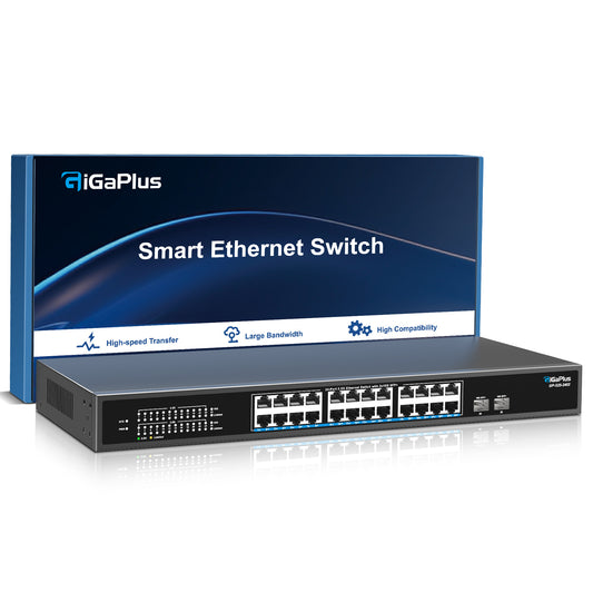 26 Port 2.5Gb Unmanaged Ethernet Switch with 24* 2.5G Base-T Ports, 2* 10G SFP+ Ports. GiGaPlus 2.5Gbps Network Switch for 2.5Gbps NAS/PC, WiFi6 Router, Wireless AP. Fanless Design, Plug and Play