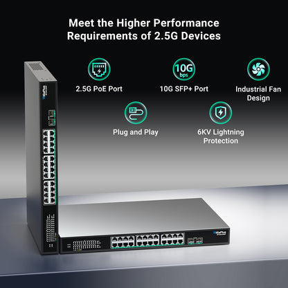 26 Port 2.5Gb Unmanaged PoE Switch with 2.5G Base-T PoE Ports and 10G SFP Uplink, 802.3af/at , 160Gbps Switching Capacity, GigaPlus 2.5G PoE Switch for 2.5G NAS/PC, WiFi6 Router, Wireless AP