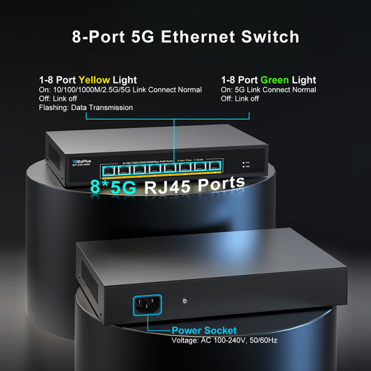8 Ports 5Gb Unmanaged Ethernet Switch with 8*5G Base-T Ports. For 5Gbe NAS/PC, 5Gbps Adapter/NIC, WiFi7 Router, Desktop/19-inch Rack Mount