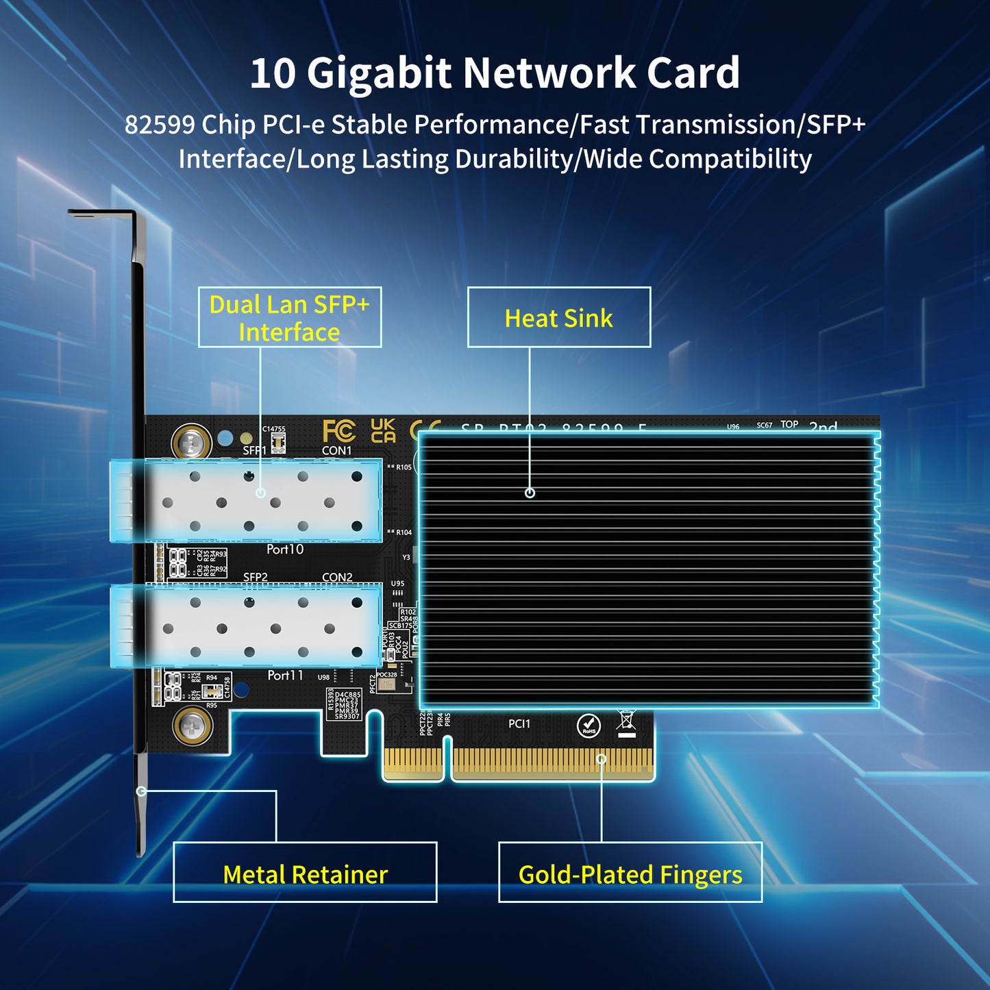 10Gb Ethernet Card with 82599ES (X520-DA2) Controller, GiGaPlus 10GB PCI-E Network Card Adapter, Dual LAN SFP+ Ports, Supports Windows/Windows Server/VMware Functions for 10Gbe Networking NAS