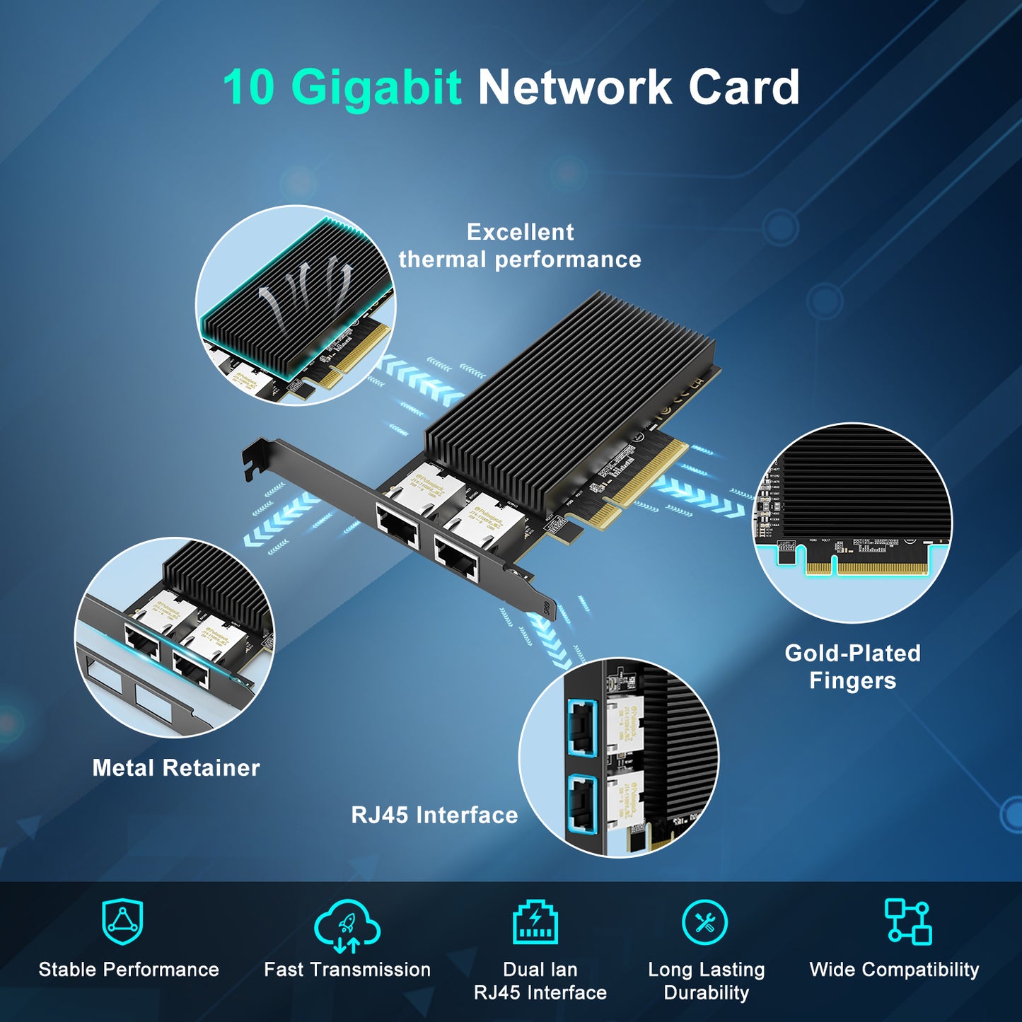 10G Dual RJ45 Port PCI-E Network Card, with X540 Controller, Gigaplus X540-T2 10Gb Ethernet Adapter with 2 * 10Gbe NIC, Support Windows/Linux/ESX Servers