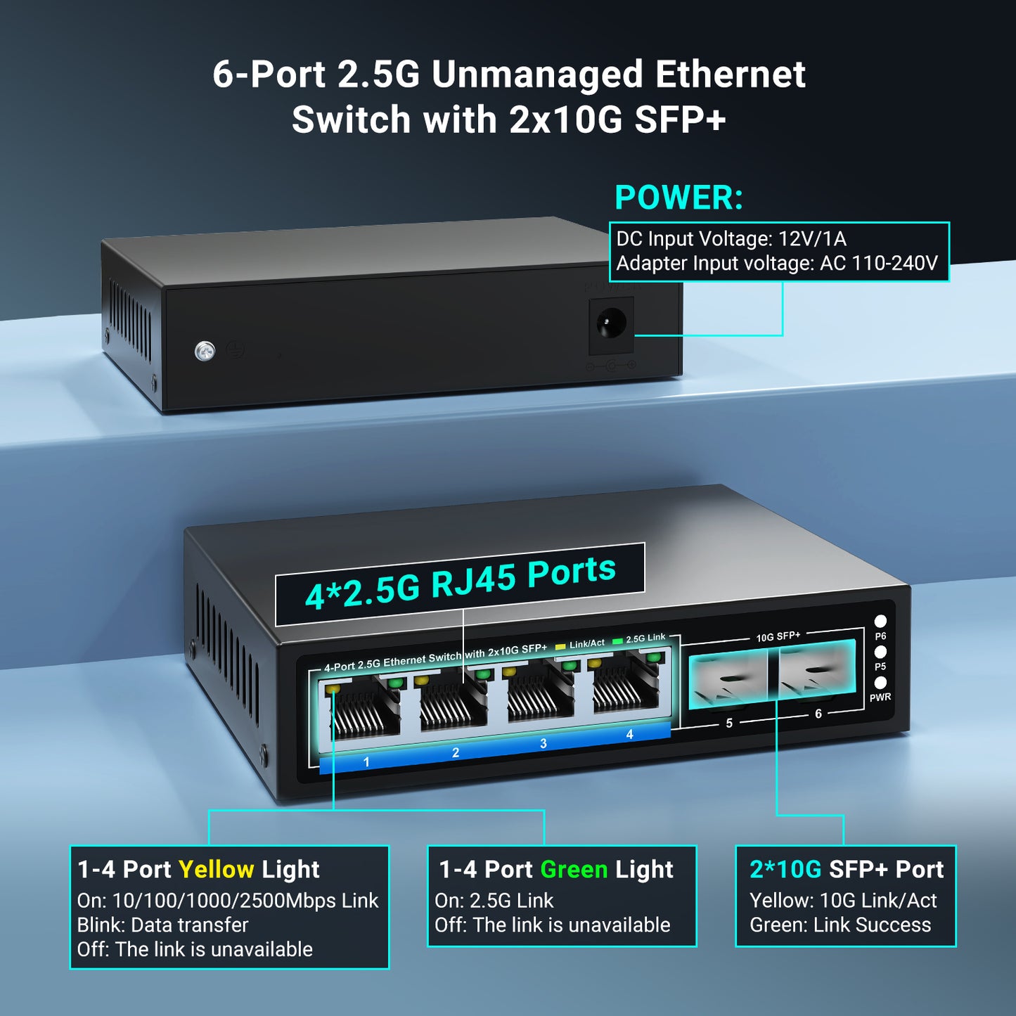 6 Ports 2.5Gb Unmanaged Ethernet Switch with 4* 2.5G Base-T Ports, 2* 10G SFP+ Ports. Fanless Design, Plug and Play