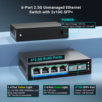 6 Ports 2.5Gb Unmanaged Ethernet Switch with 4* 2.5G Base-T Ports, 2* 10G SFP+ Ports. Fanless Design, Plug and Play