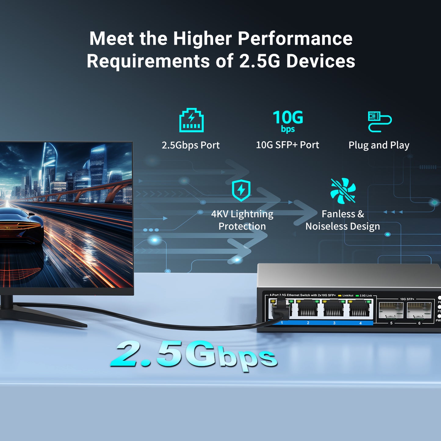 6 Ports 2.5Gb Unmanaged Ethernet Switch with 4* 2.5G Base-T Ports, 2* 10G SFP+ Ports. Fanless Design, Plug and Play