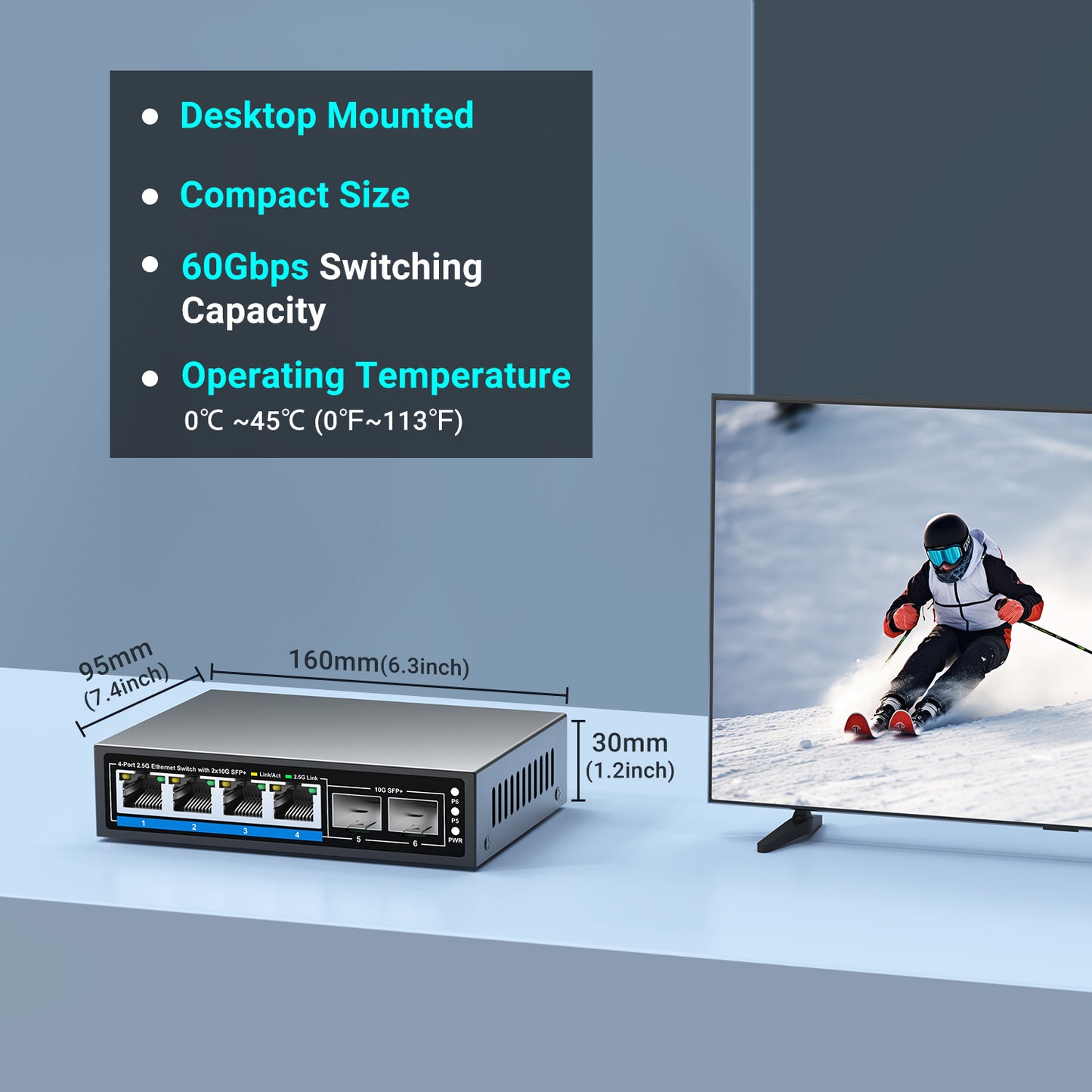 6 Ports 2.5Gb Unmanaged Ethernet Switch with 4* 2.5G Base-T Ports, 2* 10G SFP+ Ports. Fanless Design, Plug and Play