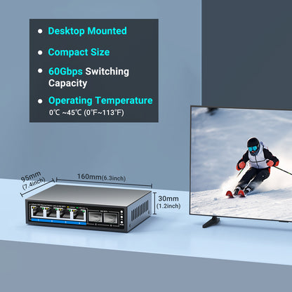6 Ports 2.5Gb Unmanaged Ethernet Switch with 4* 2.5G Base-T Ports, 2* 10G SFP+ Ports. Fanless Design, Plug and Play
