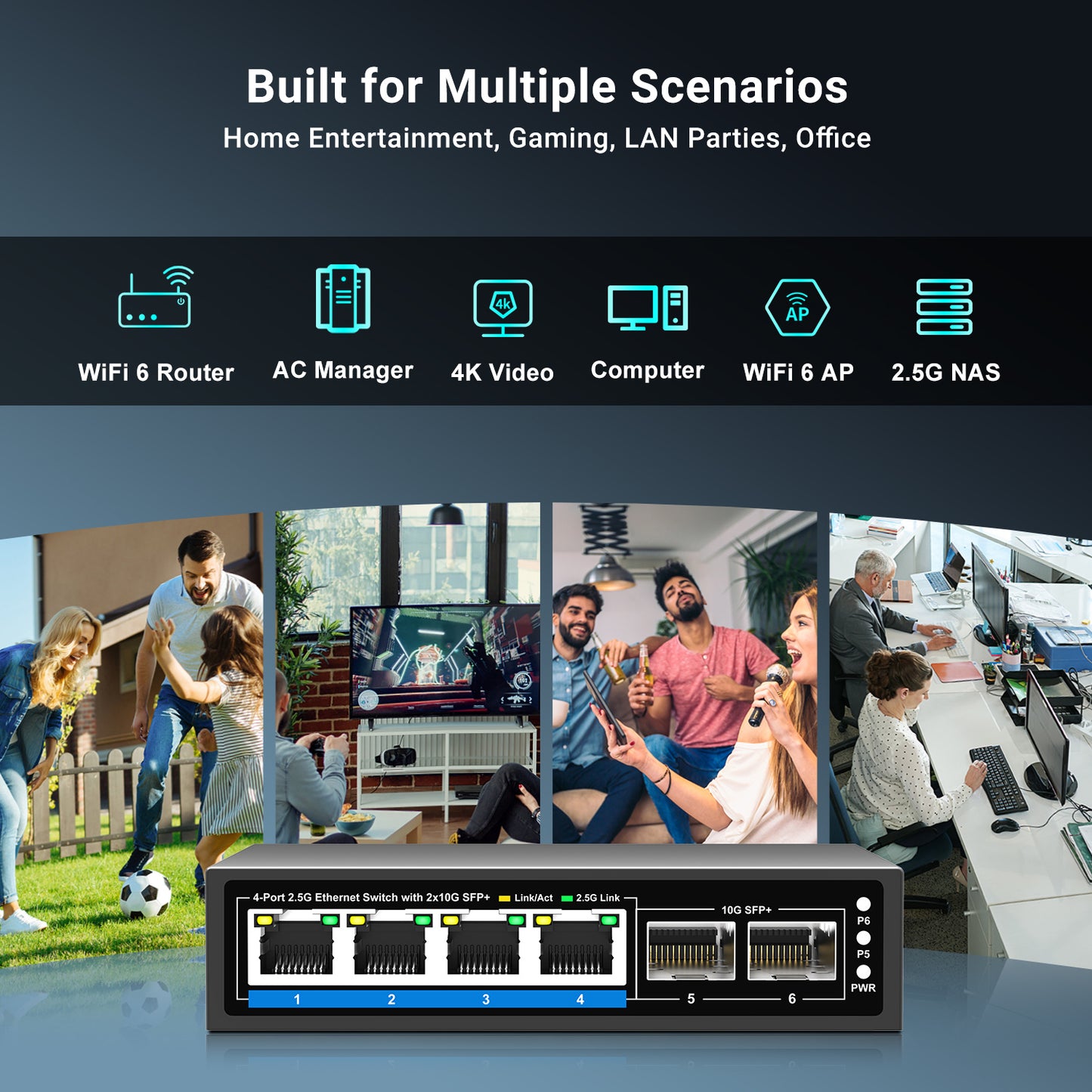 6 Ports 2.5Gb Unmanaged Ethernet Switch with 4* 2.5G Base-T Ports, 2* 10G SFP+ Ports. Fanless Design, Plug and Play